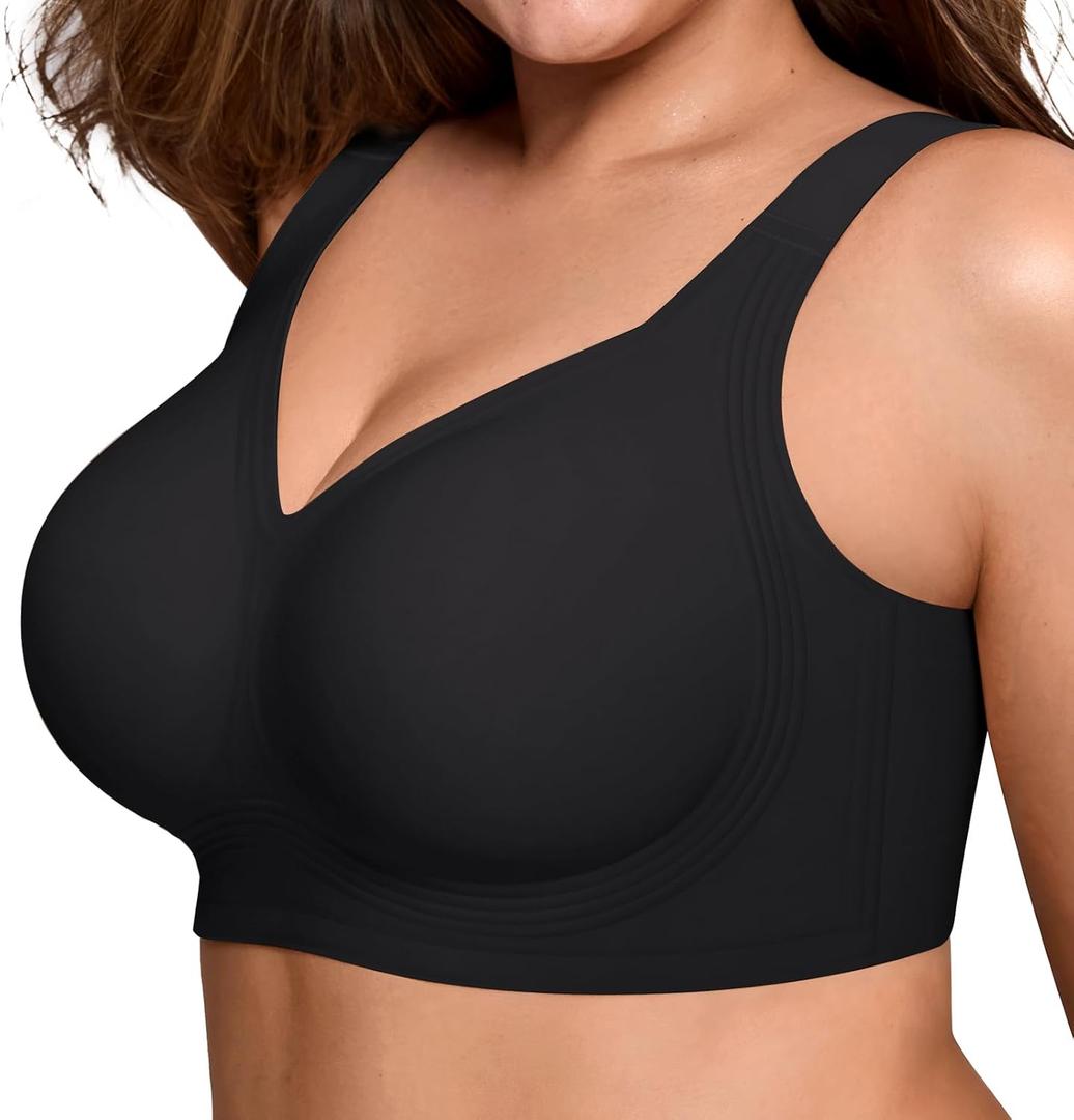 LetsJoli Bras for Women Supportive Wireless Push Up Bra Full Coverage No Underwire Seamless Plus Size for Older Women (X-Large, Black)
