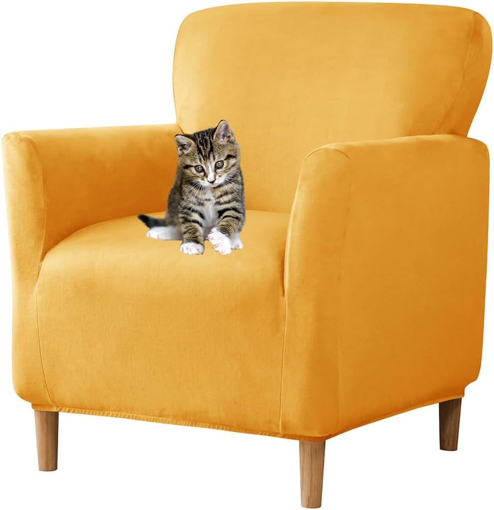 Stretch Chair Covers with Arms 1-Piece Banquet Armchair Slipcover Velvet Mid Century Modern Armchair Slipcover Anti-Slip Furniture Protector for Living Room Friendly for Kids Pets (Yellow)