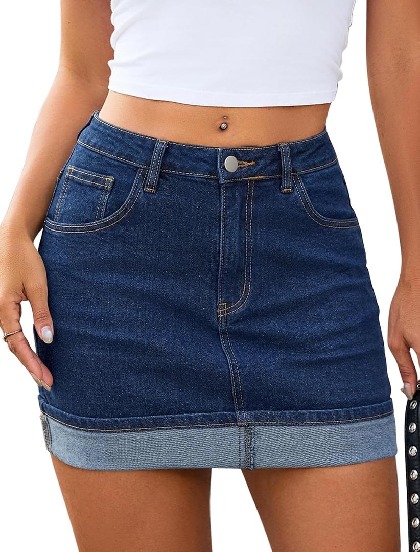 Eddoyee Jean Skirts for Women Denim Stretchy Mid-Rise Y2K Mini Skirt with Pockets (Blue, M)