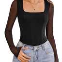 Avidlove Women's Long Sleeve Bodysuits Square Neck One Piece Body Suit Mesh Leotard Tops Double Lined Soft (Black, L)