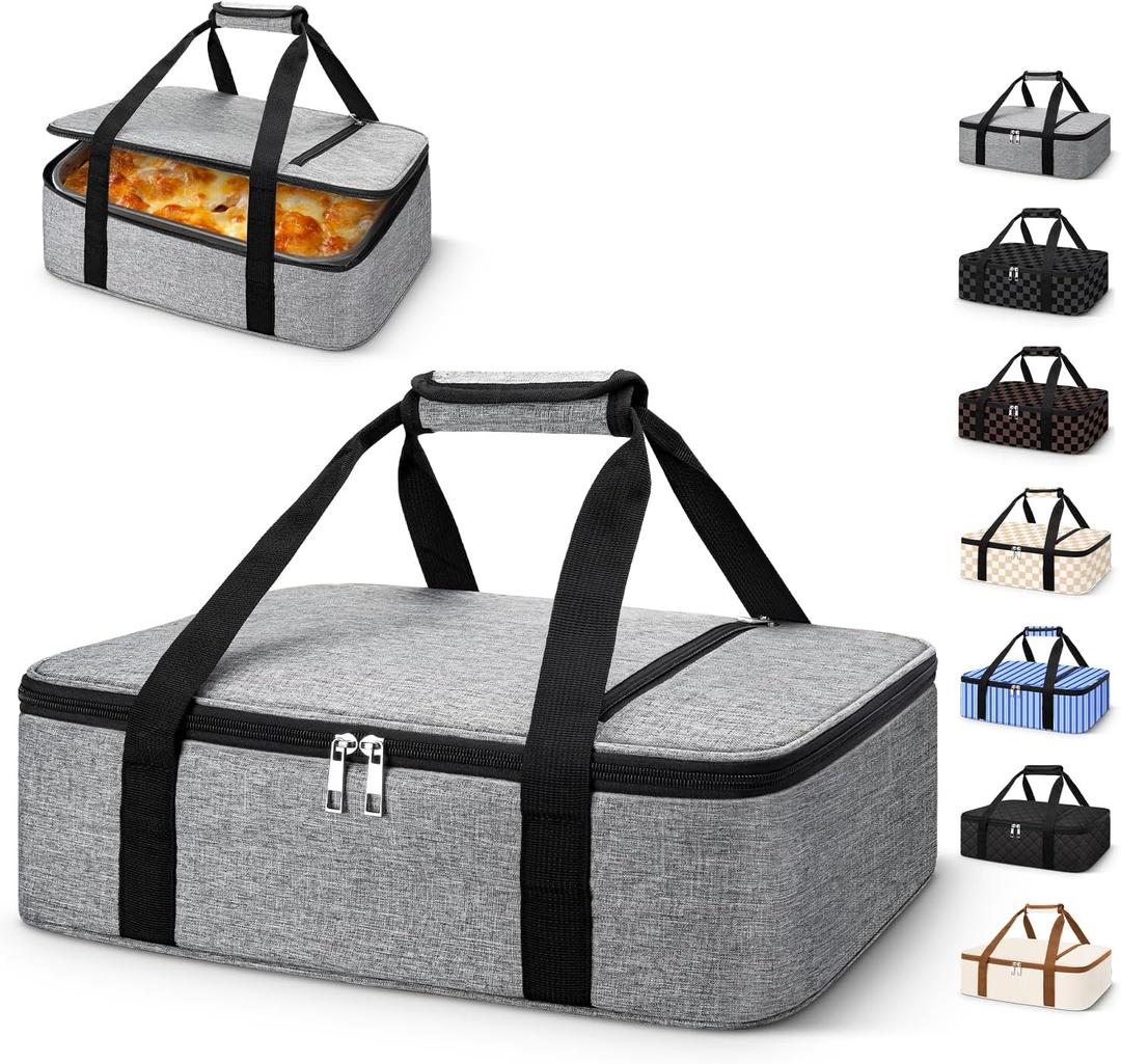 Coobiiya Insulated Casserole Carrier,Lasagna Lugger Tote Keeps Food Hot or Cold,Thermal Lunch Bag Warmer & Cooler Carrier Bag,Portable Tote Bag Fits 9" x 13" Baking Dish for Picnic and Cookouts- Grey (Single Layer: 15.75  11.8  4.7 in, Gray)
