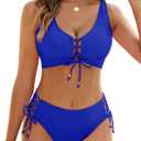 Dridreo Bikini Sets for Women V Neck Two Piece Swimsuit Lace Up Cutout Bathing Suit Bikini Royal Blue S