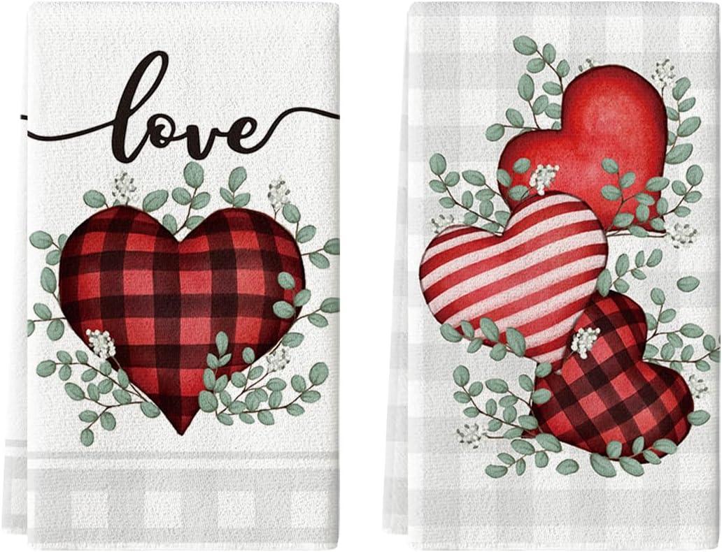 Artoid Mode Red Buffalo Plaid Heart Love Valentine's Kitchen Towels Dish Towels, 18x26 Inch Anniversary Wedding Decoration Hand Towels Set of 2 (18" x 26", Red)