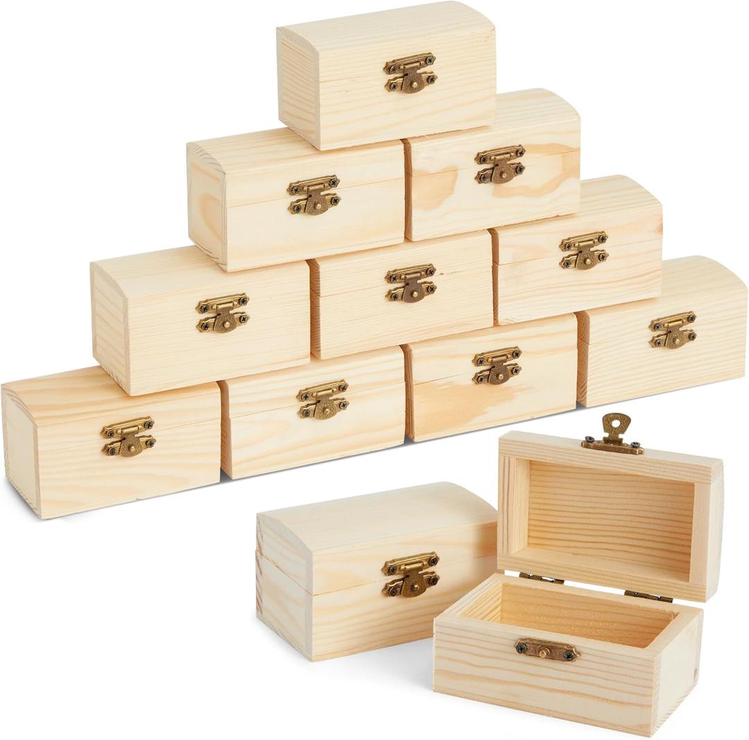 Bright Creations Baby Shower Decorations Mini Unfinished Wooden Treasure Boxes - 3.5 x 2.2 x 2 In, Brown, Pack of 12, Chest Style - Wooden Treasure Chest to Paint & Party Favors