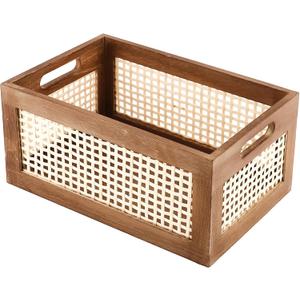 Wooden Storage Basket with Handle & Bamboo Woven Panel | Woven rattan organizer box, boho decorative, 11.81×7.87×5.51in, pantry, shelf, kitchen, closet, countertop, bathroom storage