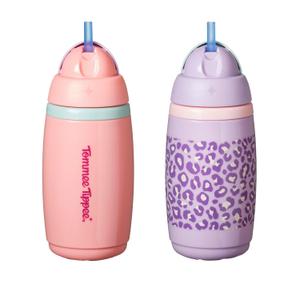 Tommee Tippee Active Straw Toddler Cups, 9 oz, Insulated Sippy Cups For Toddlers 1-3, Silicone Straw and Leak-Proof Valve, Pink and Purple, Pack of 2
