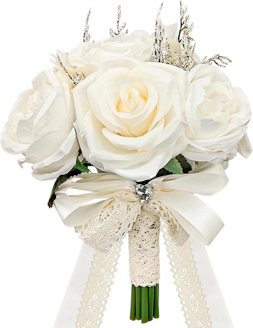 Verichy 8.5 Inches Wedding Bouquet Cream Artificial Flower Bouquet 15 Faux Roses for Bride Wedding Marriage Proposal Party Church Decoration