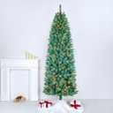 7.5FT Prelit Slim Artificial Christmas Tree with 843 Branch Tips, 300 Warm White LED Lights and Metal Stand, Realistic Skinny Pencil Blue Spruce Christmas Tree for Holiday Dcor