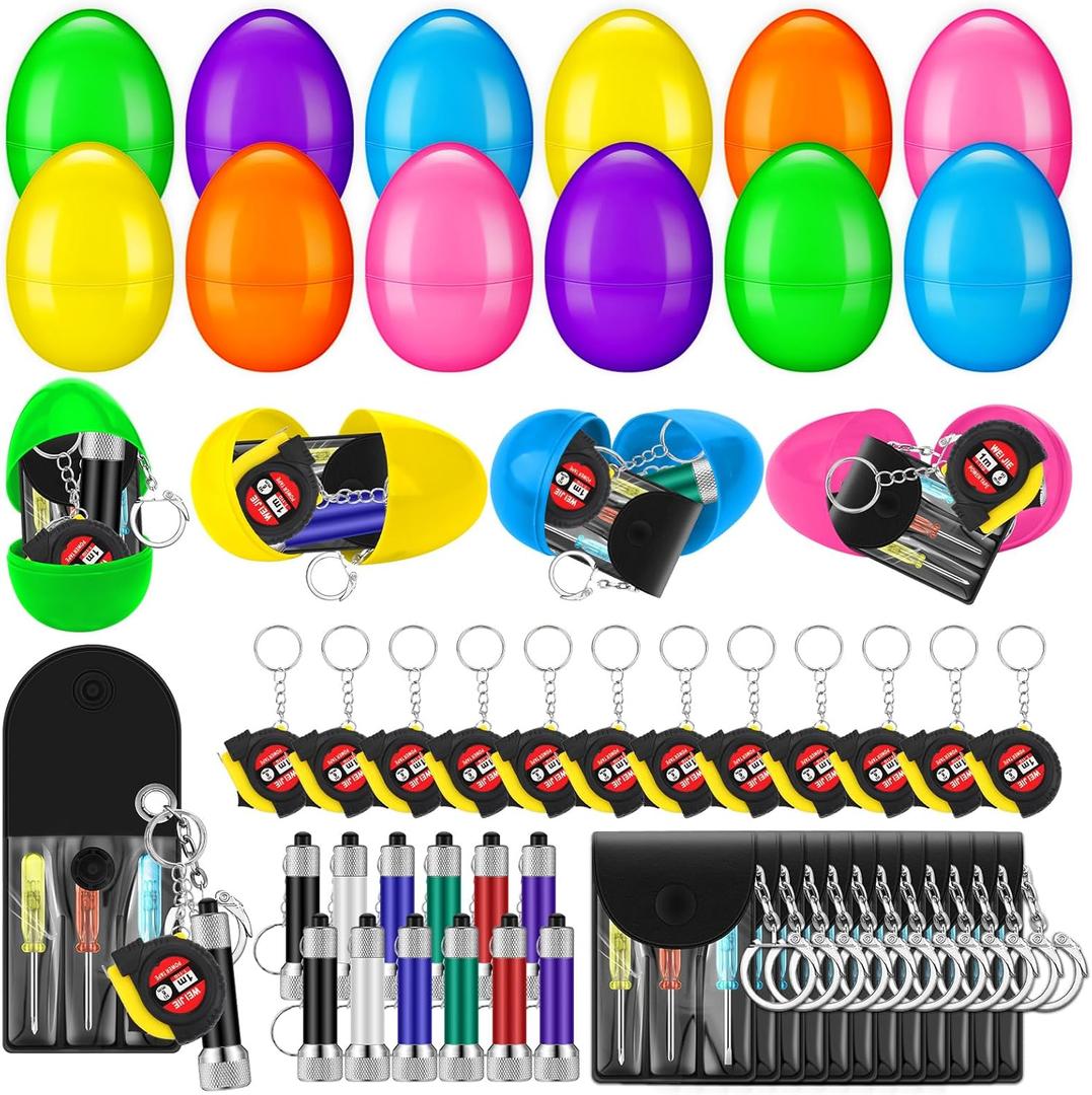 Chumia 48 Pcs/12 Set Easter Eggs Filled with Tape Measure Screwdriver LED Flashlight Keychain Prefilled Easter Basket Stuffers for Men Adult Employee Coworkers Gifts Bulk Egg Hunt Party Favors