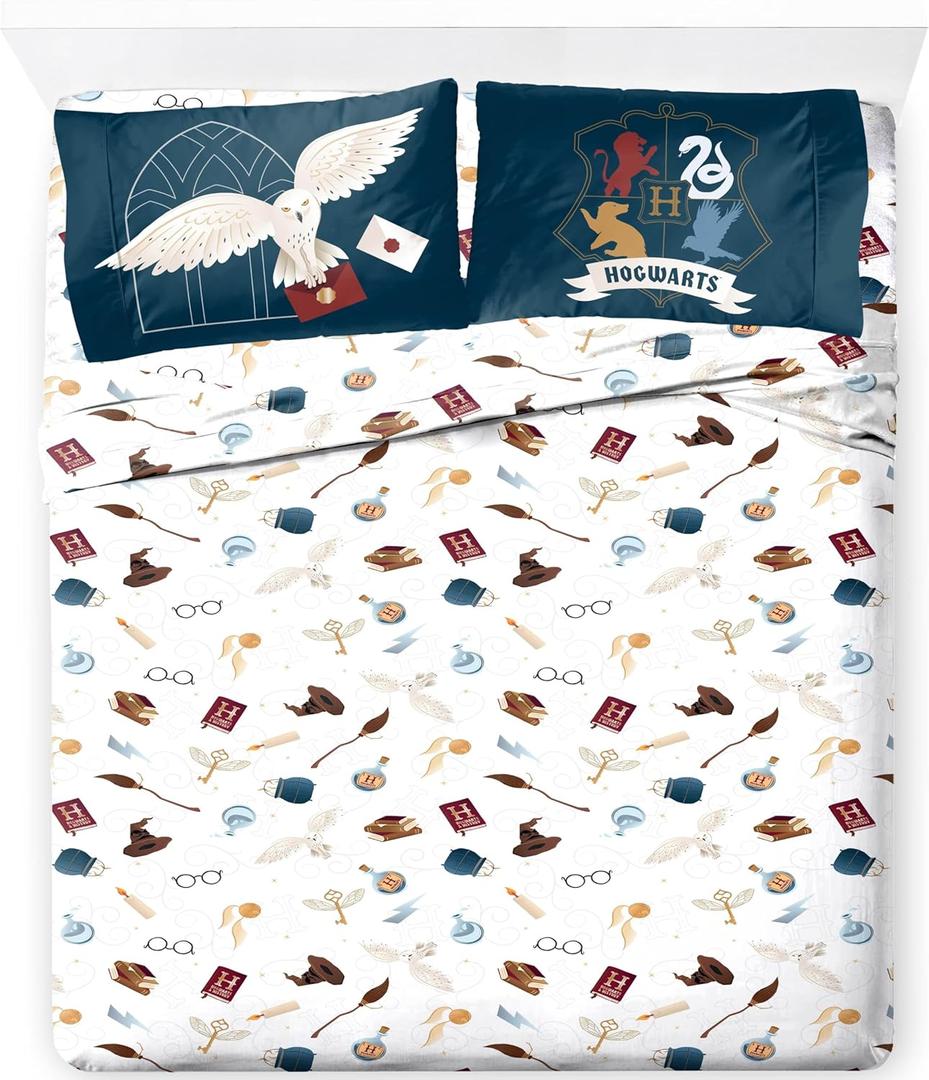 Jay Franco Kids Sheet Set with Fitted, Flat Sheets & Pillow Cover - Ultra-Soft Bedding with Pillowcase for Room Decor, Multi - Harry Potter, 4 Piece Queen