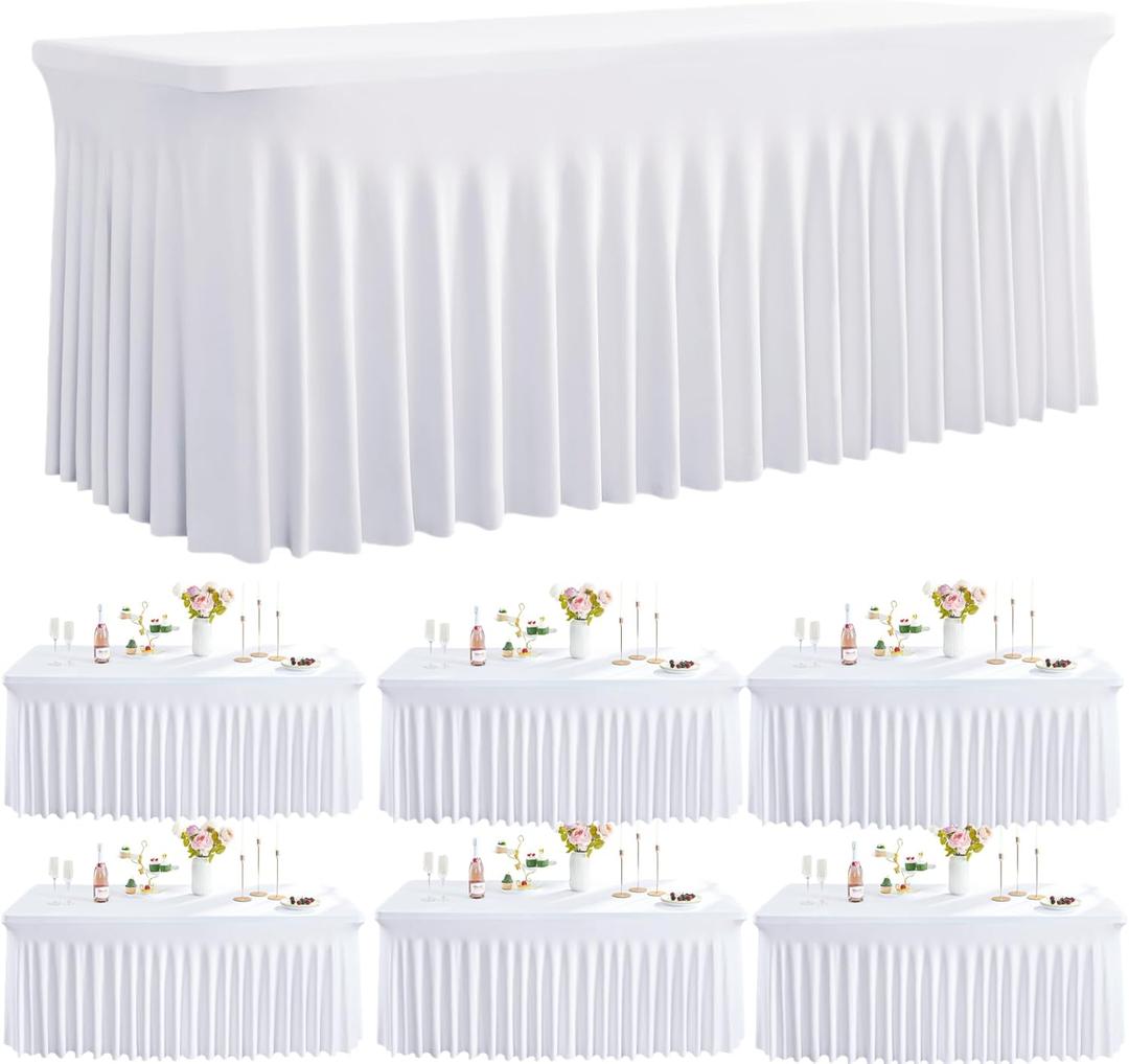 Outpain White Spandex Table Clothes for 8 Foot Rectangle Tables-6Pack 8FT Spandex Fitted Table Cover, Wrinkle Free Tablecloths with Skirt for Parties, Wedding, Birthday, Banquet, Festival