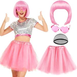 PLULON Pink Bob Wig Tutu Heart Sunglasses for Women Costume, Colorful Party Bob Wigs 80s Tulle Tutus Skirt for Christmas Birthday Bachelorette Wedding Valentine's Day Princess Theme Party