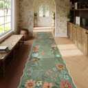 Floral Machine Washable Runner Rug, Ultra-Thin 2.6x10 Green Hallway Runner Rug Non Slip for Bedroom Bathroom, Non-Shedding Soft Carpet Runners for Entrance Laundry Room (2'6"x10', Green)
