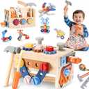 REXBETI Kids Tool Set with Electric Drill, 43Pcs Wooden Toddler Tool Bench with Apron, Educational Montessori Toys for 3 Year Old Boys, Toddler Tool Set, Birthday Gifts for 3 4 5 Year Old Boy Girl