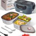 SOHIDA Heated Lunch Box, 80W Electric Lunch Box with Two 1.5L Stainless Steel Interchangeable Containers and Lids, 12V/24V/110V Food Warmer with Utensils and Insulated Bag for Car/Truck/Office (Black)