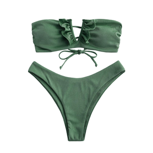 ZAFUL Women's Strapless Ribbed V Wired Lace Up Ruffle Tie High Cut Bandeau Swimsuits Bikini Set S