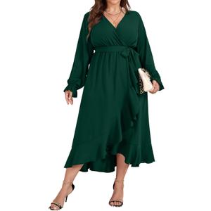 SCOMCHIC Women Plus Size Formal Dresses Fall Long Sleeve Faux Wrap V Neck High Low Ruffle Cocktail Wedding Guest Maxi Dress (XX-Large Plus, Emerald Green)
