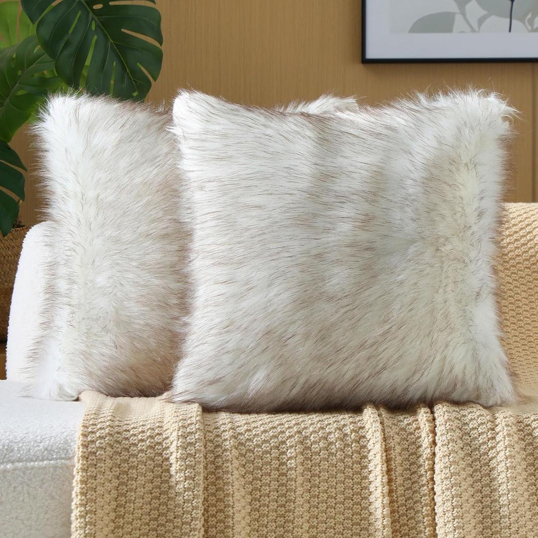 FUTEI Coffee White Decorative Throw Pillow Covers 18x18 Inch Set of 2,Soft Fluffy Faux Fox Fur Textured Cushion Case,Modern Home Decor for Couch Living Room