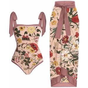 3 Piece Bikini Sets for Women, Sexy V Neck Flower Print One Piece Swimsuit with Cover up Wrap Skirt Beachwear 2 Piece Set, Ladies Retro Swimming Bathing Suits Vacation Party Costume Dusty Pink M