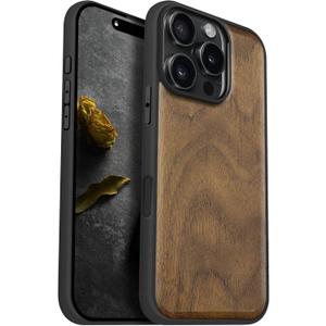Carveit Magnetic Wooden Case for iPhone 16 Pro Case, Solid Wood & Black Soft TPU Shockproof Cover, Compatible with MagSafe Wireless Chargers (Natural Grain) Walnut