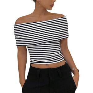 SHENHE Women's Off Shoulder Crop Tops Striped Print Short Sleeve Slim Fit Top Tees (Medium, Black and White)
