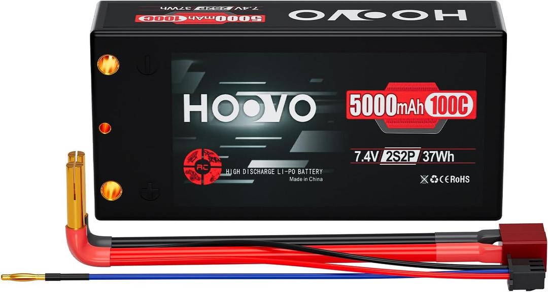 HOOVO 2S 7.4V 100C 5000mAh RC Shorty Lipo Battery Hard Case Pack with 4.0mm Bullet T Connector for RC 1/10 Scale Vehicles Car Trucks Truggy Boat Racing