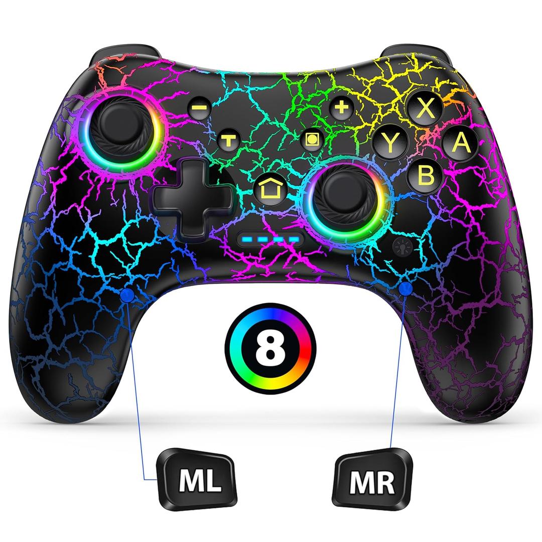 Gammeefy Hall Effect Switch Controller for Nintendo Switch/Lite/OLED, Wireless Switch Pro Controller Compatible with PC/Android/iOS, 9 Color Adjustable LED Switch Remote with App & Programmable (Black)