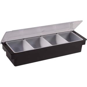 Winco 19 3/8" Black Plastic 4-Compartment Condiment Holder
Dishwasher safe, BPA-free, Removable poly inserts, R