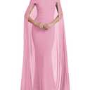HESUUIO Elegant Off Shoulder Formal Dress Mesh Cape Overlay Wedding Guest Evening Gowns Bodycon Maxi Long Dress Pink M