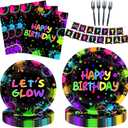 Glow Neon Party Supplies Kit for 24 Guests - 97 Pcs Including Plates, Forks, Napkins, Bunting - Ideal for Blacklight Neon-Themed Parties