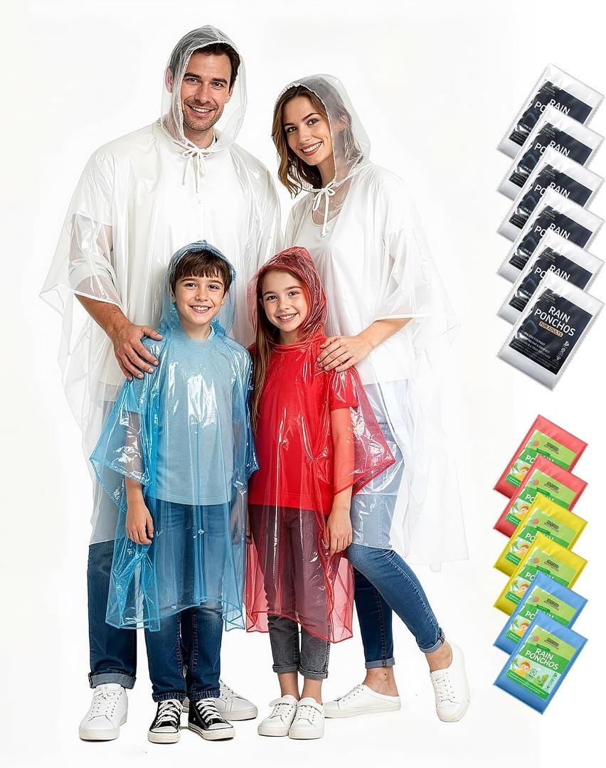 Hitituto Rain Ponchos Family Pack Kids 12 Pack Disposable Poncho with Hood, Clear & Assorted Colors, Home Survival Kits (Kids Mix 6pcs + Adults Clear 6pcs, One Size)