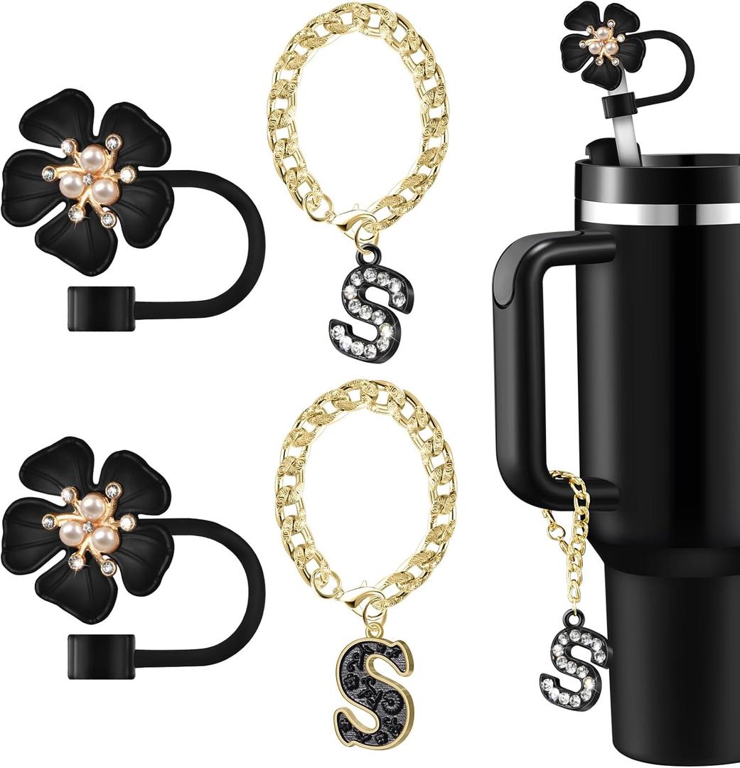 Straw Covers for Stanley Cup Accessories: Black Decorations for Stanley 30 oz & 40 oz Tumbler with Handle, Bling Letter Charms and Flower Silicone Straw Cap Topper, Trendy Stuff for Teen Girls & Women