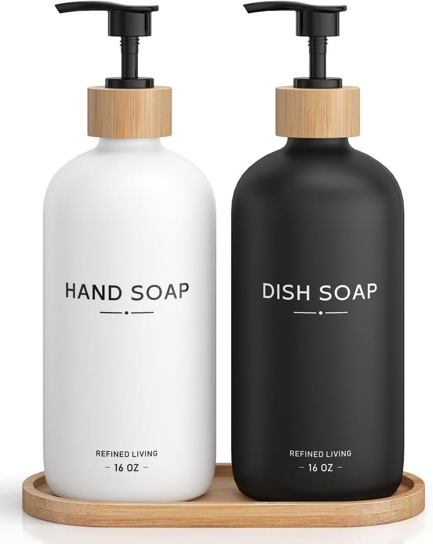 Hand and Dish Soap Dispenser Set,16oz Glass Bottles with Printed Labels, Bamboo Tray & Pump, Countertop Soap Dispensers for Kitchen, Luxury, Minimalist & Farmhouse Decor (Hand Dish (Black/White))