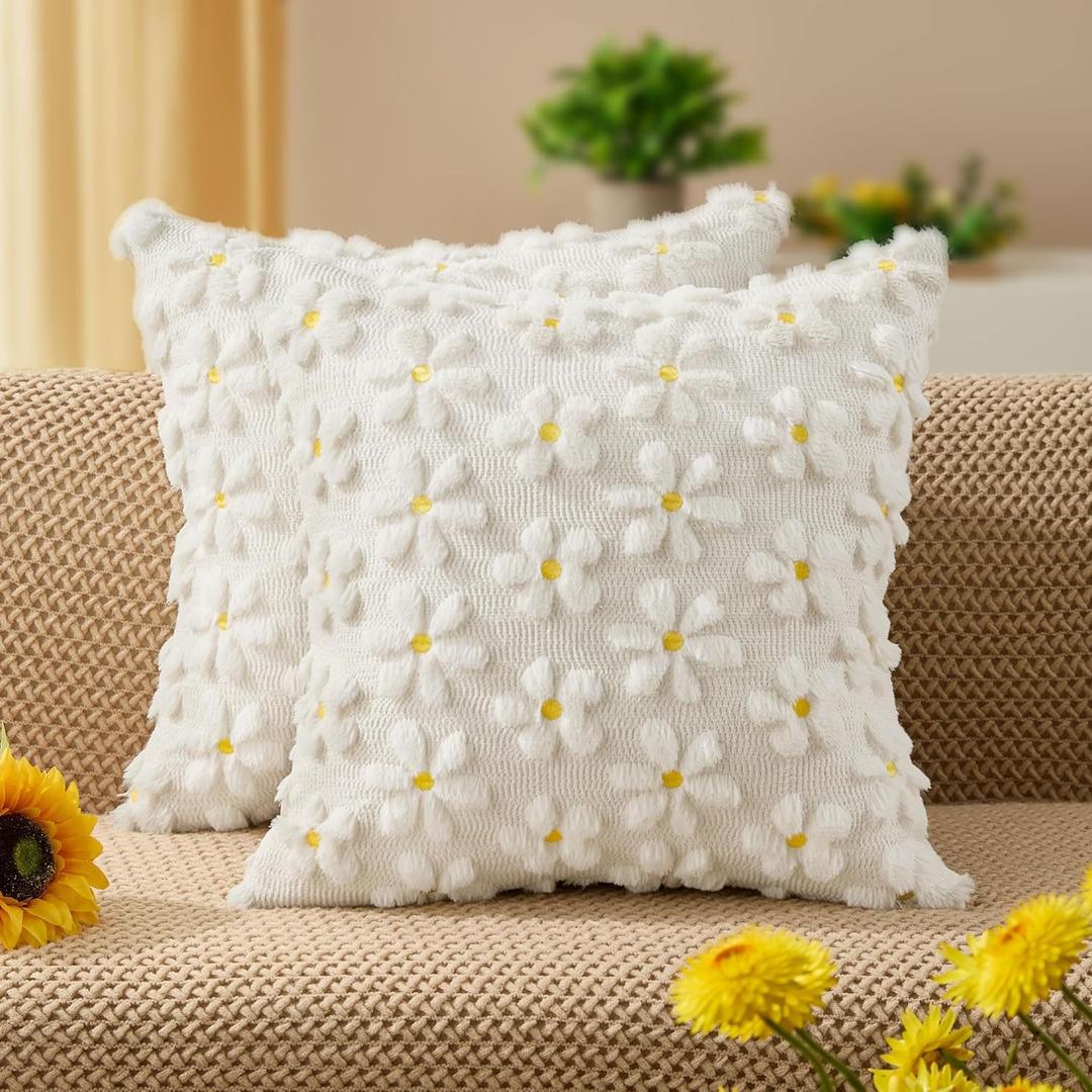 DFXSZ Spring Summer Pillow Covers 20x20 inch Set of 2 Farmhouse Decor Yellow Flower Heart Daisy Soft Plush Faux Fur Jacquard Throw Pillows for Bedroom Sofa Holiday Spring Summer Home Decor PTK024A20