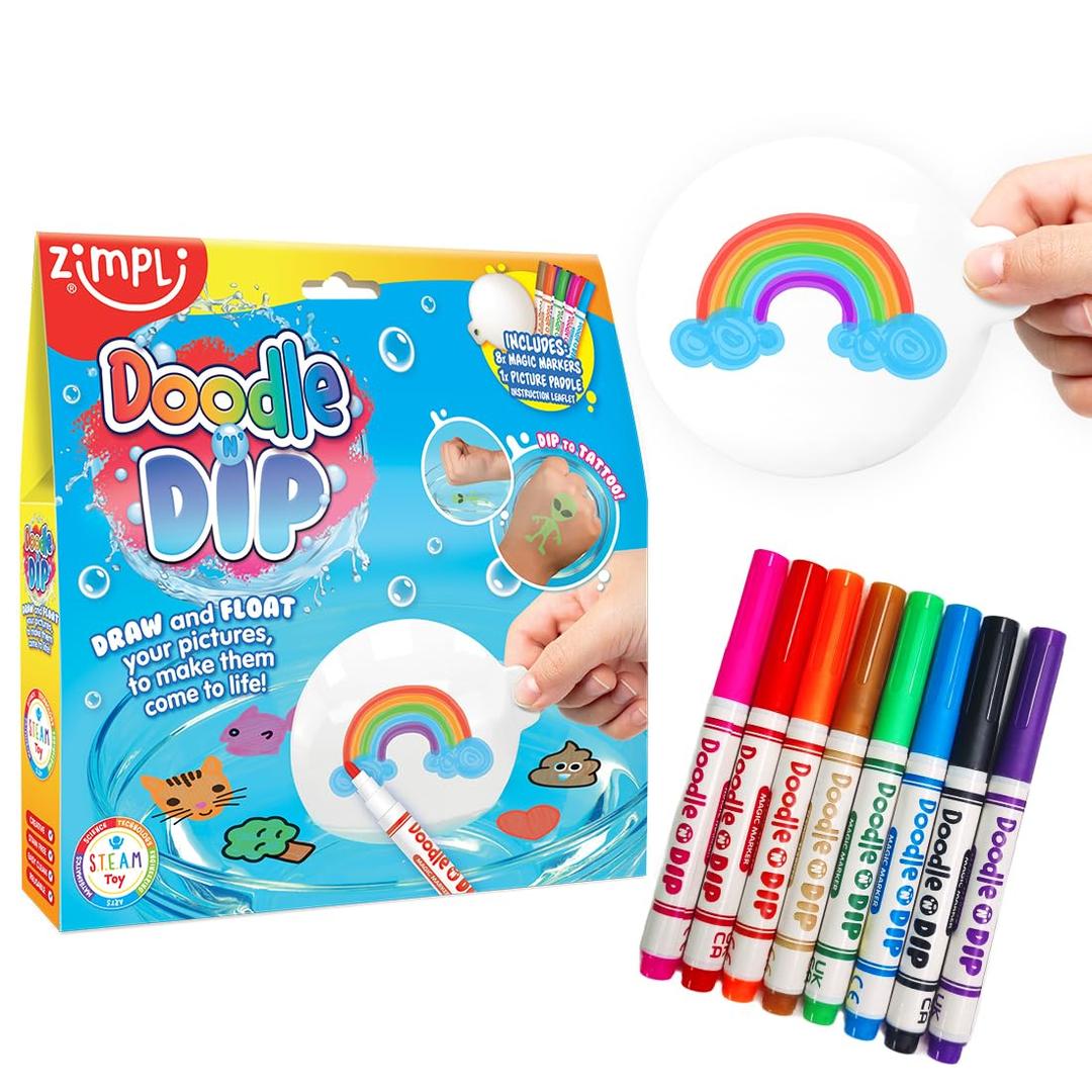 Doodle N Dip, Draw and Float Your Pictures and Add Them as Temporary Tattoos, 8 x Magic Markers & Picture Paddle, Magical Water Colouring Painting Pens, Creative Toy for Children (2 Pack Bundle, Multi)