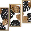 Putuo Decor Monstera Leaf Wall Art Set of 3, Tropical Plant Cut-Out Panels in Black and Wood Grain, Modern Botanical MDF Wall Decor for Living Room Bedroom Office (Brown)