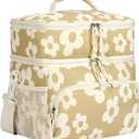HowFly Corduroy Insulated Lunch Bag Box for Women Men - Double Deck - Soft Reusable Thermal Portable Cooler Tote Bag for Work Travel, Khaki Flower