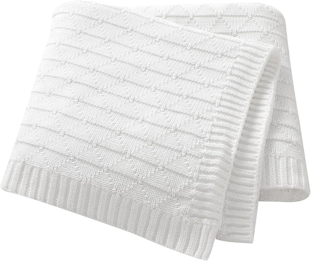 Baby Receiving Blanket for Boys Girls Knit Neutral Swaddle Blankets Soft Lightweight Crib Stroller Blankets for Newborn Infant Toddlers White 30 x 40 Inch