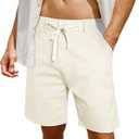 Heyfanee Mens Cotton Linen Shorts Casual 7 Inch Inseam Stretch Summer Shorts for Men Lounge Beach Vacation (White)