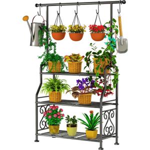 GIOTORENT Plant Stand Indoor Outdoor, 3-Tier Heavy Duty Metal Shelves, Display up to 14 Multiple Plants, Tall Plant Holder with Plant Hanger, Suit for Patio Living Room Garden Balcony, 5 Hooks, Black