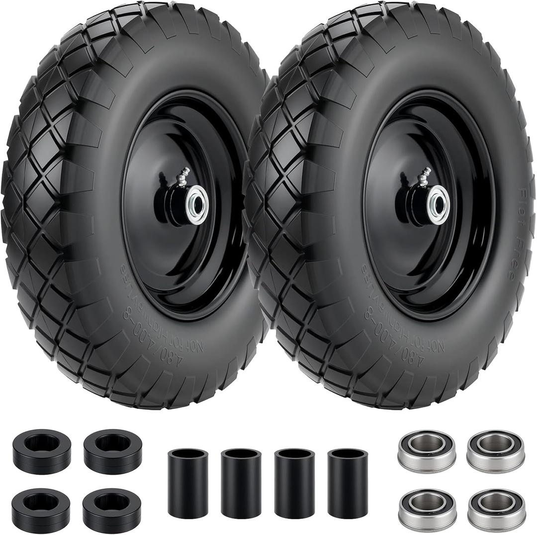 4.80/4.00-8 Flat Free Wheelbarrow Tire and Wheel (2-Pack) | 16" Solid Puncture Proof Tires with 5/8" & 3/4" Bearings, 3"-7" Adjustable Hub, Universal Fit for Garden Cart & Hand Truck