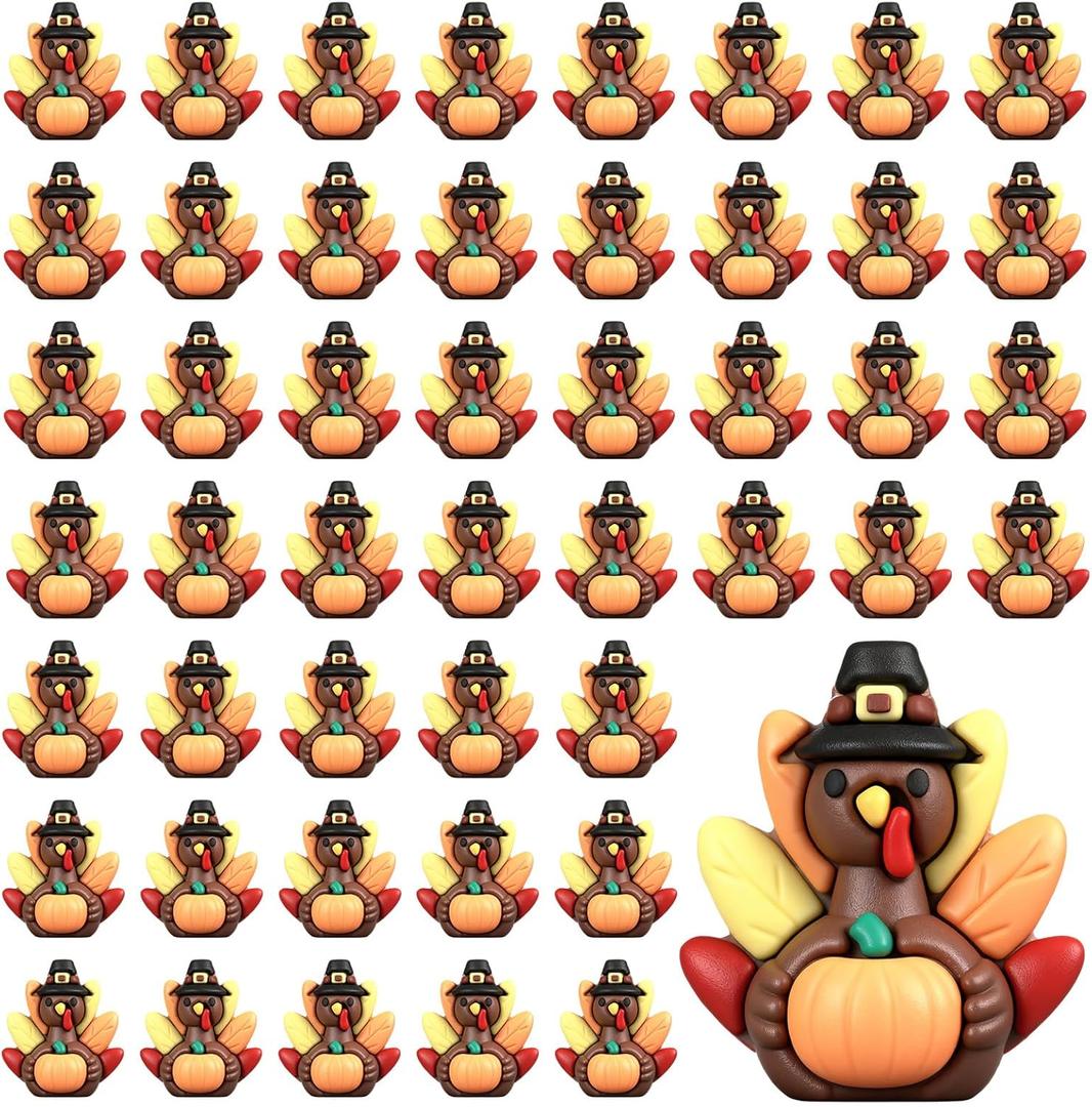 50 Pcs Thanksgiving Pumpkin Mini Turkey Figurines Tiny Thanksgiving Fall Pumpkin Maple Leaf Resin Turkey to Hide and Seek Fall Harvest Rubber Figures for Autumn Table Centerpiece