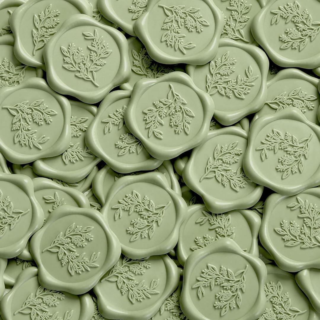 UNIQOOO Wax Seal Stickers - Eucalyptus Wedding Invitation Envelope Seal Stickers, 100 Pcs Self- Adhesive Sage Green Stickers, Perfect for Invitation, Christmas, Gift Wrapping, Party