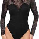 Popilush Long Sleeve Body Suits Womens Tummy Control Open Back Sheer Top Built in Bra Turtleneck Lace Shapewear Bodysuit M