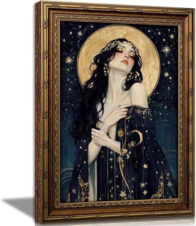 Vintage Gold Framed Moon Goddess Wall Art, Celestial Goddess Wall Decor