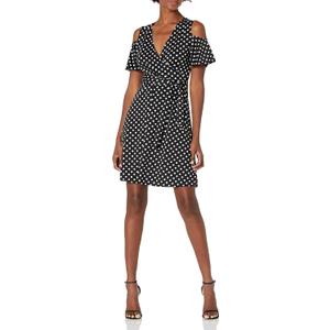Star Vixen Women's Cutout Cold Shoulder Short Sleeve Faux Wrap Dress (Blkdot), S