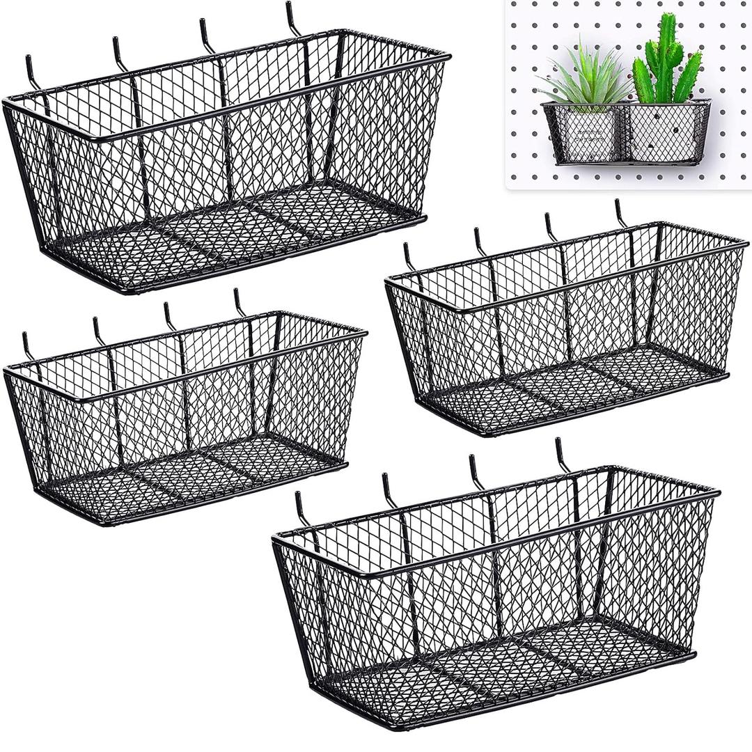 Sieral 4 Pcs Black Pegboard Baskets Metal Wire Shelf Baskets Peg Board Organizer Accessories Wall Mount Organizer Attachments for Garage Workbench Various Tool Accessories, 2 Sizes (Medium, Large)