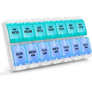 Sukuos AM PM Weekly 7 Day Pill Organizer, 2 Times A Day Pill Box with Arthritis Friendly Push Button, Medicine Cases for Vitamin/Fish Oil/Supplements, Easy to Clean (Cyan&Blue)