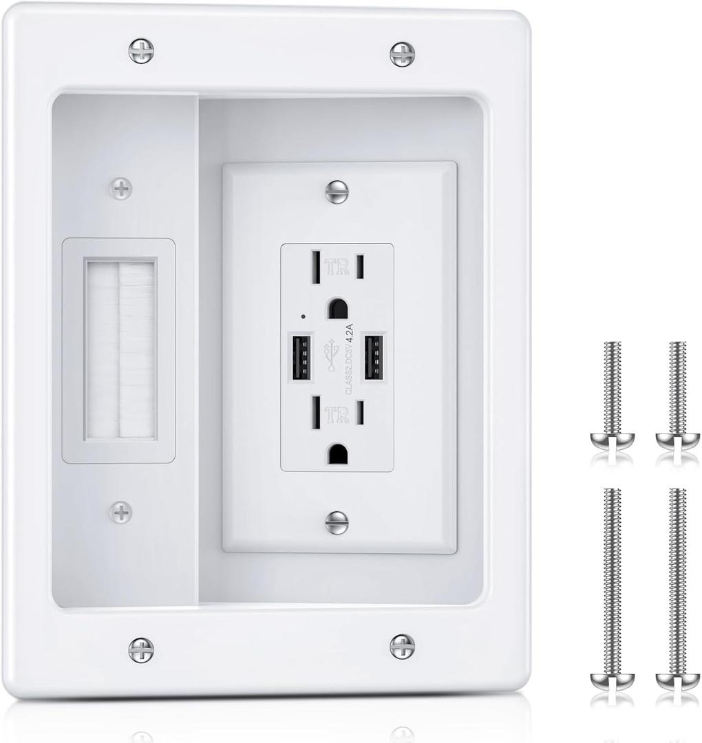 ELECPOW Cord Hider Wall with Dual AC Outlets & Dual USB-A Ports, in Wall Cable Management Kit for Wall Mounted TVRecessed Outlet with TV Wire Hider for Power Cables & Low Voltage Wires.