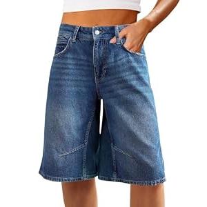 VICHYIE Womens Summer Denim Shorts Wide Leg Casual Loose Mid-Low Rise Jorts Bermuda Knee Length Jeans Short Pants Dark Blue 6